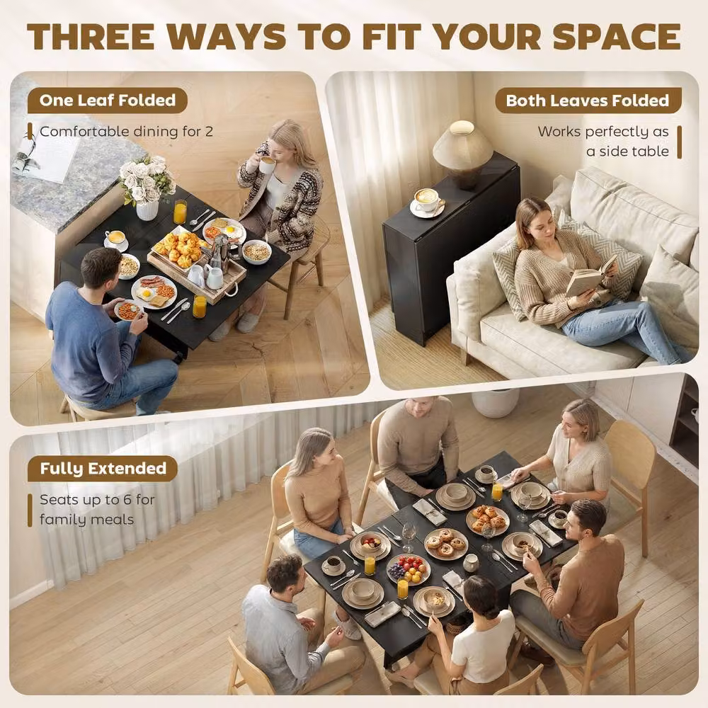 STILVORA Modern Black Drop Leaf Dining Table with Storage and Castors – 5