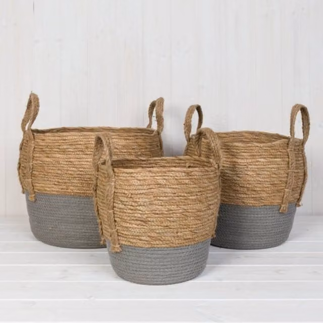 KDMD Set of 3 Seagrass Straw Baskets with Grey Dipped Bottom and Open Weave