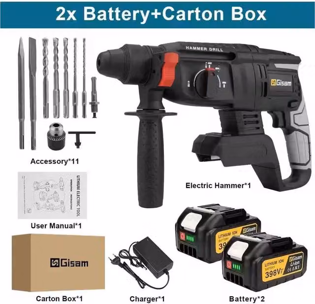 Gisam Brushless Electric Hammer Rotary Impact Drill, Black, Rechargeable