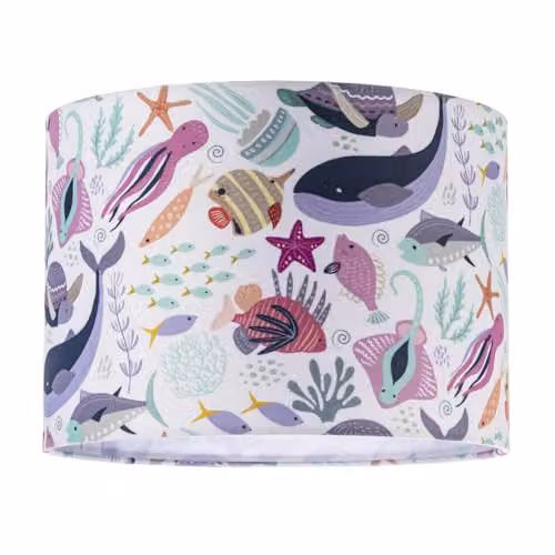 Happy Homewares Multicolour Underwater Fabric Cylinder Lampshade with Whales, Turtles, Tropical Fish and Octopuses, Diameter: 25 cm, Height: 18 cm – 1