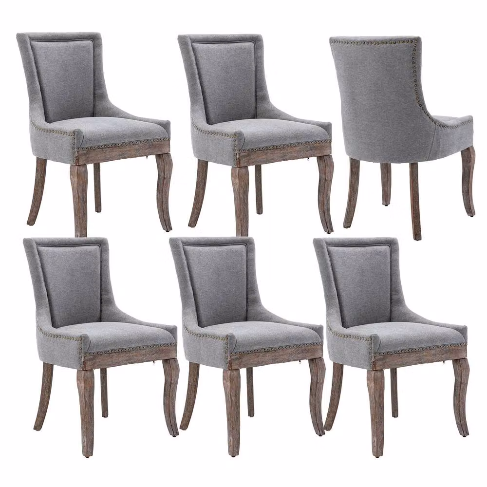 HomeTouch Set of 4 Bewley Grey Plush Linen Upholstered Dining Chairs with Oak Wood Legs – 7