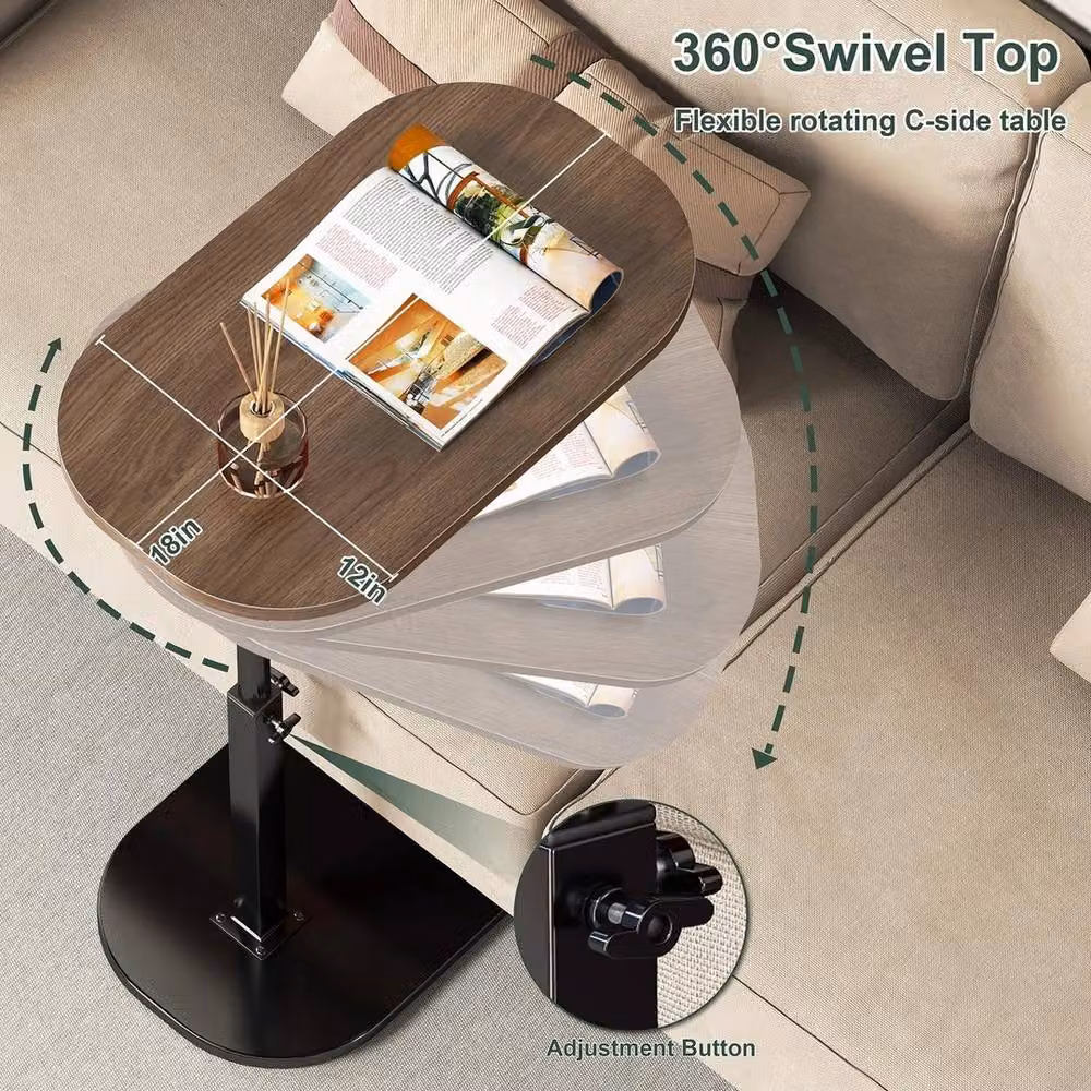 FORGEVIO C Shaped Side Table with Adjustable Height and 360 Degree Swivel Top in Brown – 3