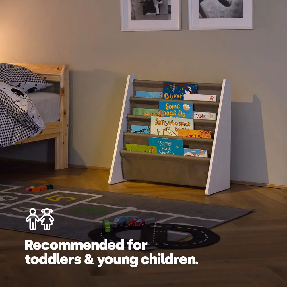 LIVIVO 4 Tier Natural Kids Sling Bookshelf in Grey, W/D/H: 58 x 28 x 58 cm – 5