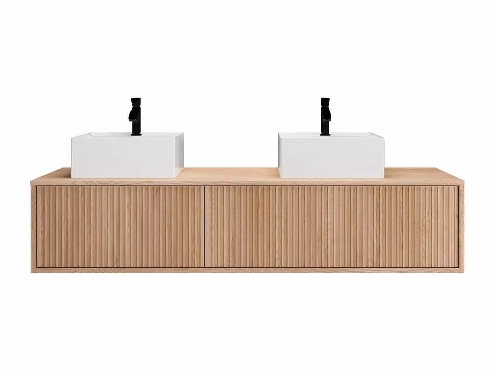 Vente-unique Striped Wall-Hung Double Basin Bathroom Vanity Unit in Light Oak, W/D/H: 150 x 47 x 32 cm – 2