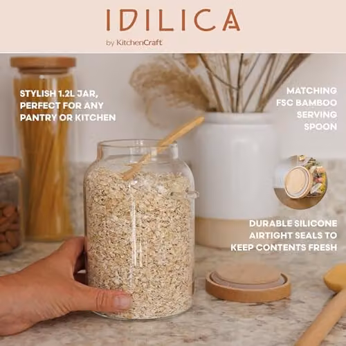 KitchenCraft Idilica Airtight Glass Storage Jar with Beechwood Lid and Bamboo Spoon, 1200ml, Transparent – 2