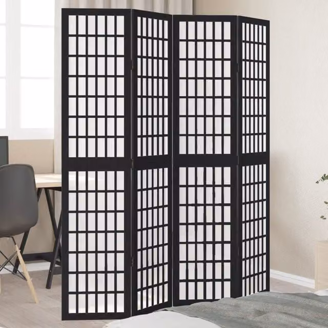 Berkfield Home 4 Panel Room Divider in Black Solid Paulownia Wood – 1