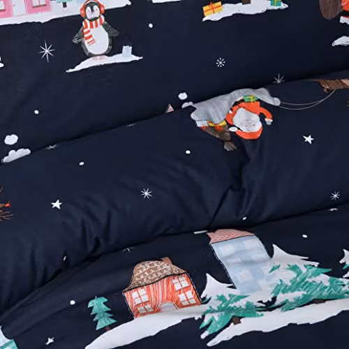 Sleepdown Santa Town Christmas Reversible Polycotton Duvet Cover and Pillowcase Set, Navy, W/D/H: 135 x 200 cm – 3