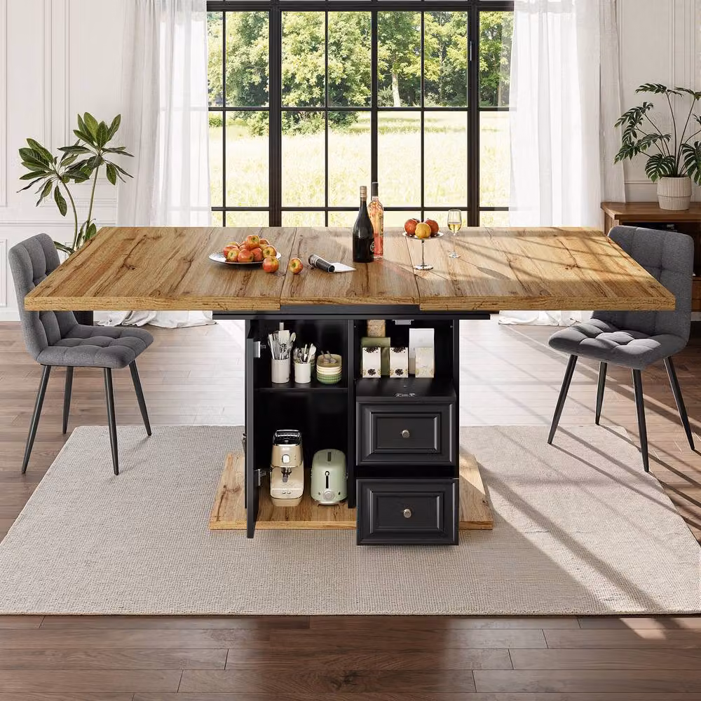 Merax Black Extendable 4-6 Seater Rectangular Dining Table with Storage Pedestal Base, W/D/H: 160 x 80 x 75 cm – 3