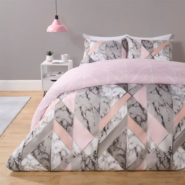 OHS Reversible Marble Graphic Duvet Cover and Pillowcase Set in Pink, 180 x 200 cm