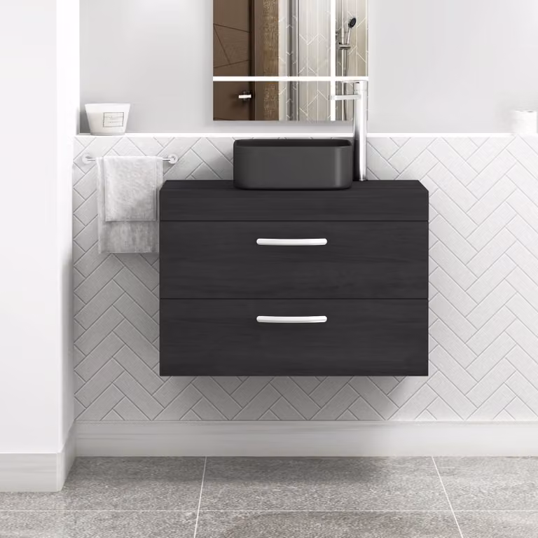 Royal Bathrooms Hale 800mm Wall Hung 2 Drawer Vanity Unit in Matt Black with Art Square Countertop Basin