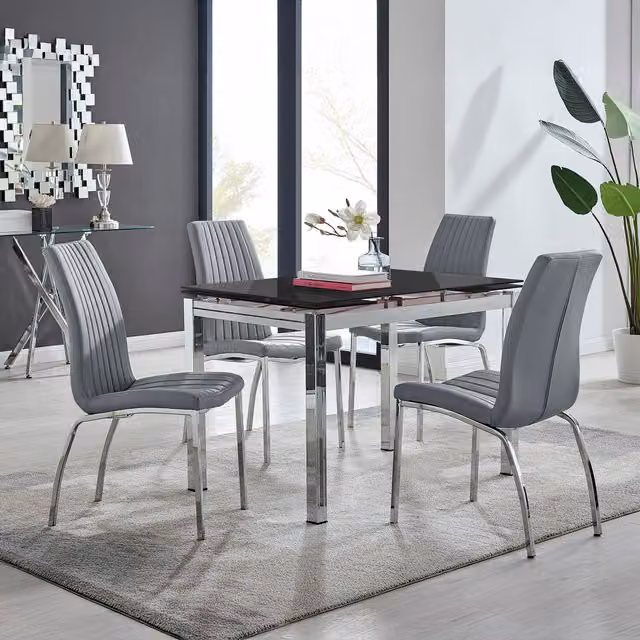 Furniturebox Enna Black Glossy Glass Extending Dining Table and 4 Isco Grey Chairs