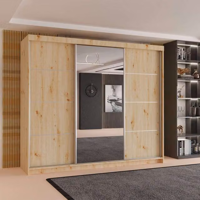 Sliding Wardrobes 4u Modern 3-Door Sliding Wardrobe with Mirror, Hanging Rod and Internal Shelves in Brown