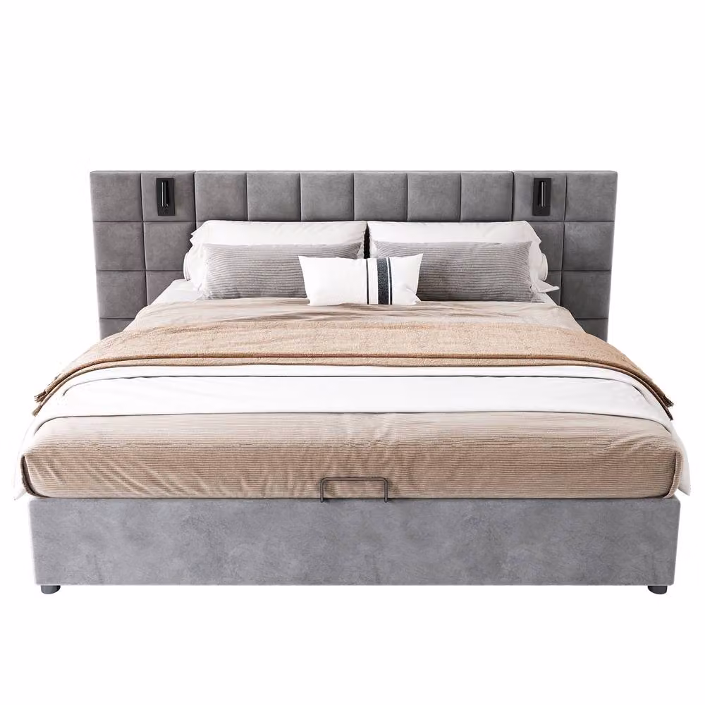 Merax Grey Velvet Super King Ottoman Bed with USB Charging Port and Integrated Reading Light, W/D/H: 180 x 200 cm – 5