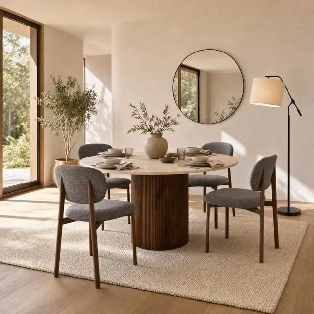Furniturebox UK Penrose Round Cream Marble Effect Dining Table and 4 Mirelle Chairs in Dark Grey, Diameter: 120 cm