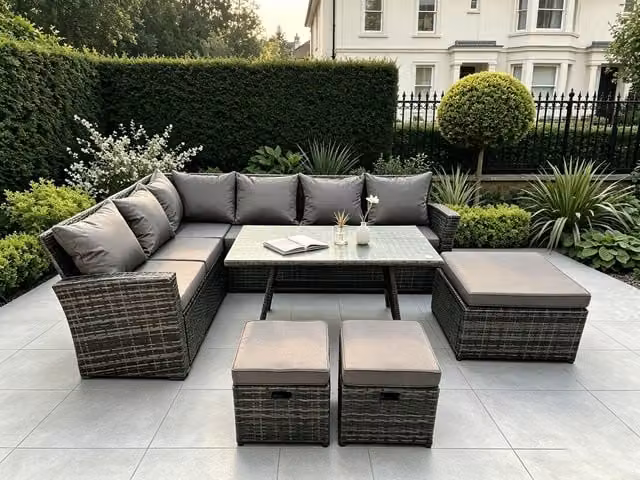Fimous Rattan Garden Dining Set with Rectangular Table and 3 Footstools in Dark Grey