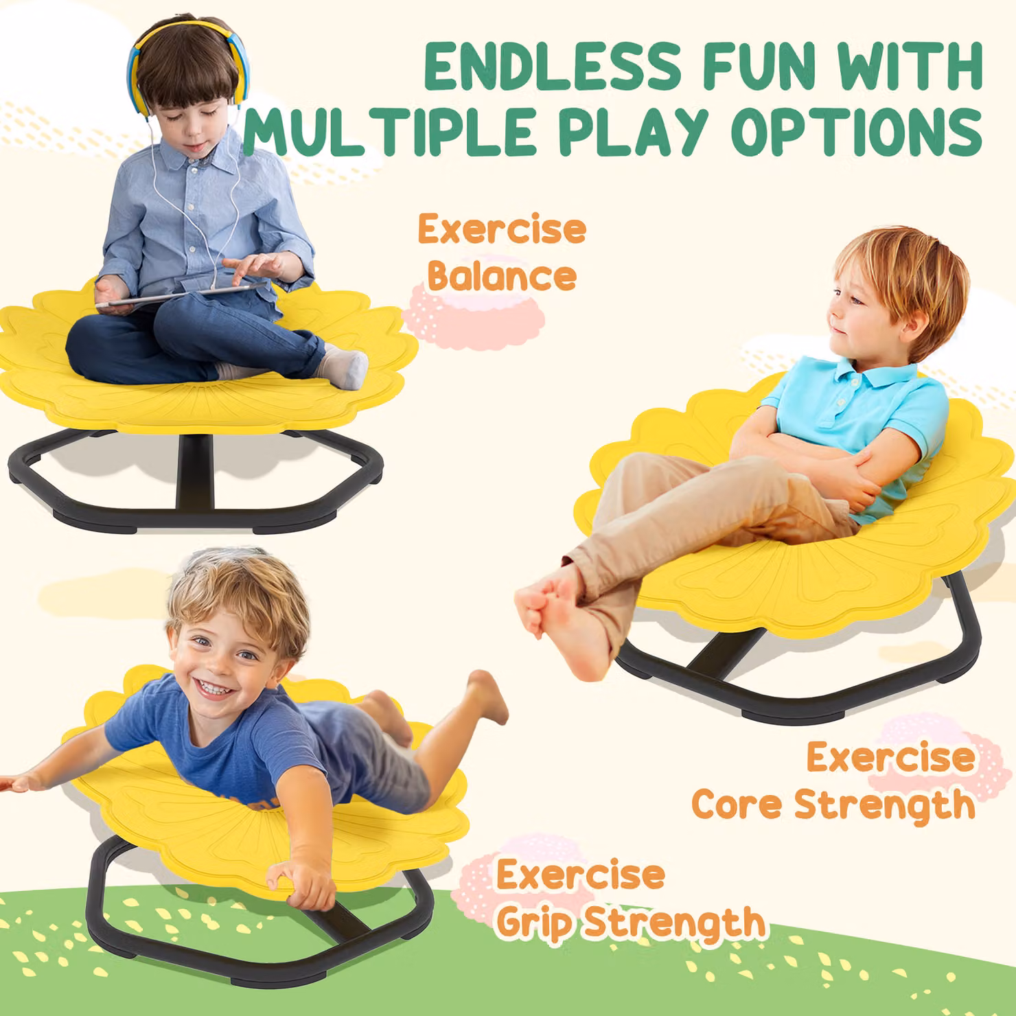 AIYAPLAY Flower-Shaped Sensory Spinning Chair in Yellow with Non-Slip Base for Children – 3