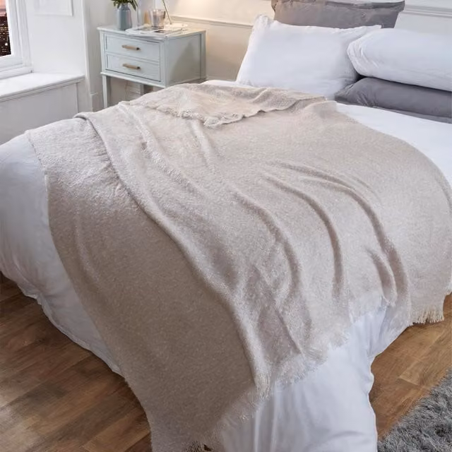 Highams Luxury Faux Mohair Throw Blanket with Fringes in Silver