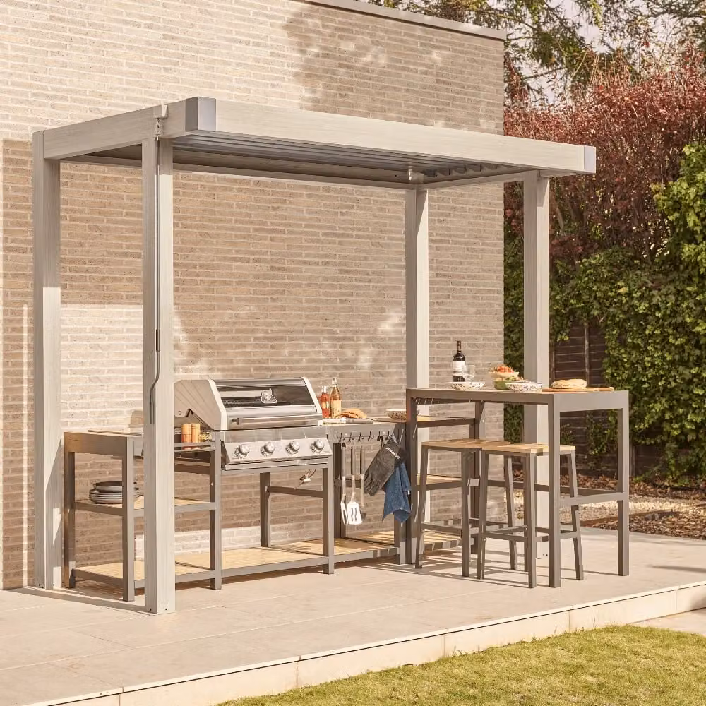 Leisure Grow Savannah BBQ Pergola in Silver Aluminium, W: 300 cm, D: 150 cm