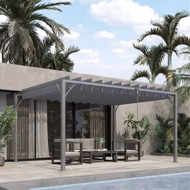 Outsunny Outdoor Louvered Pergola with Retractable Roof in Grey, W/D/H: 3.9 x 2.95 x 2.13 m