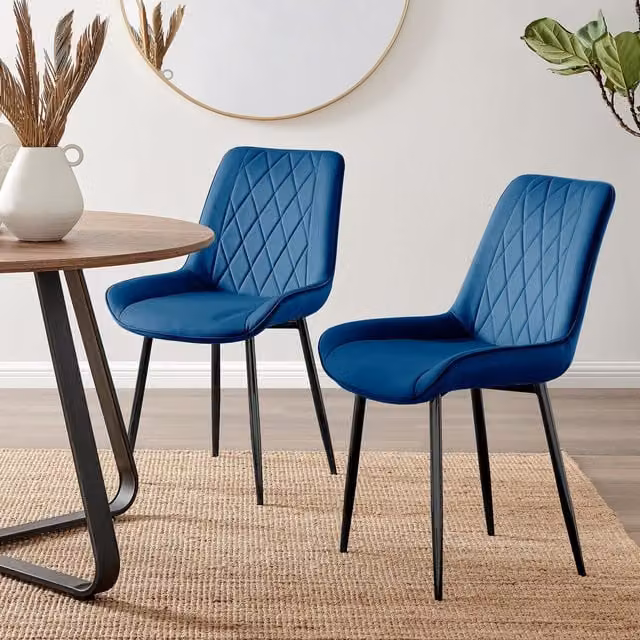 FurnitureboxUK Pesaro Set of 2 Luxury Velvet Dining Chairs with Diamond Stitched Back and Black Metal Legs in Navy Blue