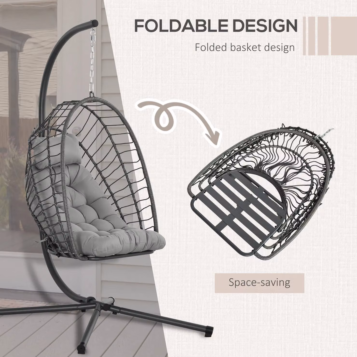 OUTSUNNY PE Rattan Hanging Swing Chair with Thick Cushion in Grey and Light Grey – 3