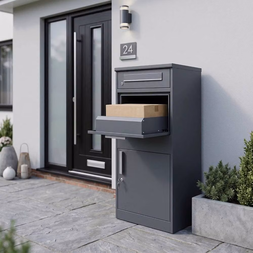 FLAVORA Extra Large Lockable Steel Freestanding Parcel Drop Box, Grey, Height: 112 cm – 3