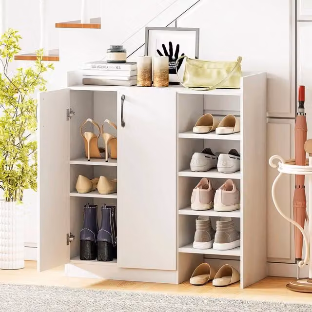 KORVIXA Modern White Metal Shoe Storage Organiser with Hinged Doors and Open Shelves, W: 90 cm