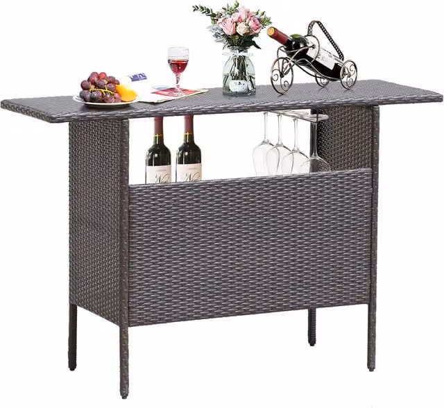 Costway Rectangular Polyrattan Outdoor Bar Table in Brown and Grey