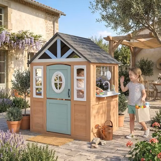 AIYAPLAY Wooden Playhouse Wendy House with Pet Door and Play Kitchen in Natural Wood Finish