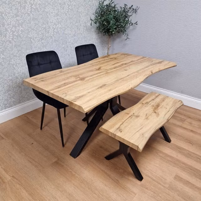 KOSY KOALA Wooden Dining Set with Rectangular Table, 2 Black Chairs and Bench in Brown
