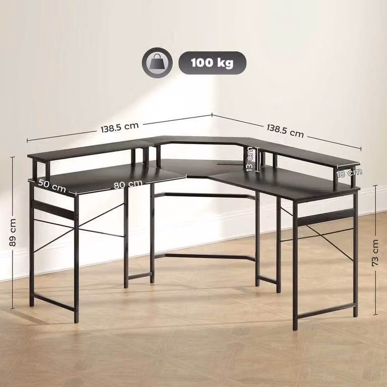 FORGEVIO L-Shaped Corner Computer Desk with Monitor Stand in Black