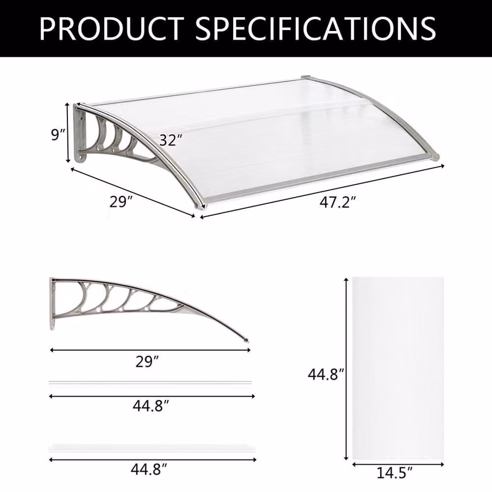 EONLION Grey Aluminium Door Canopy Awning Rain Shelter, Wall-Mounted, W: 120 cm, D: 80 cm – 2