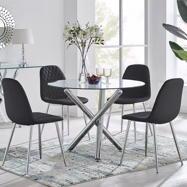 FurnitureboxUK Selina Round Glass Dining Table with 2 Black Corona Silver Leg Chairs – 1