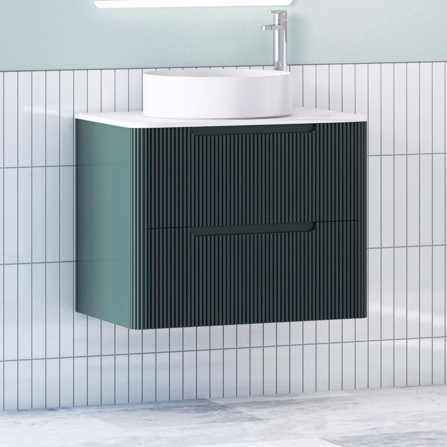 Royal Bathrooms Avenza Wall Hung Vanity Unit with Art Round Basin in Moss Green and White, 800mm Depth