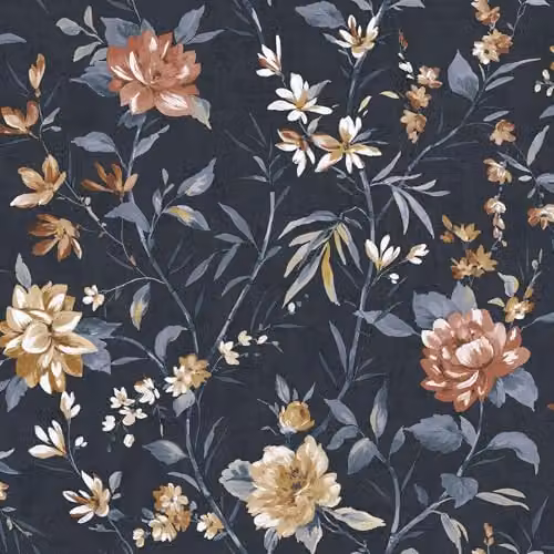Holden Decor Oriental Trail Camellia Floral Wallpaper in Navy Blue and Orange – 1