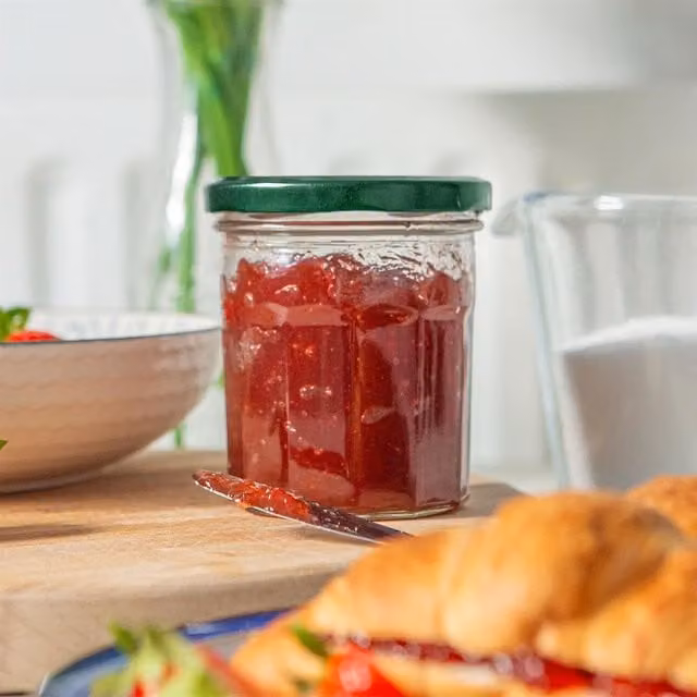 Argon Tableware Set of 12 Leakproof Glass Jam Jars with Screw Lids, 250ml, Green and White