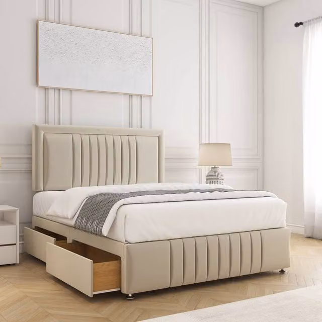 BSSPOKE Lily Plush Velvet Super King Divan Bed with 24 inch Headboard, Footboard, 4 Drawers and Mattress in Cream