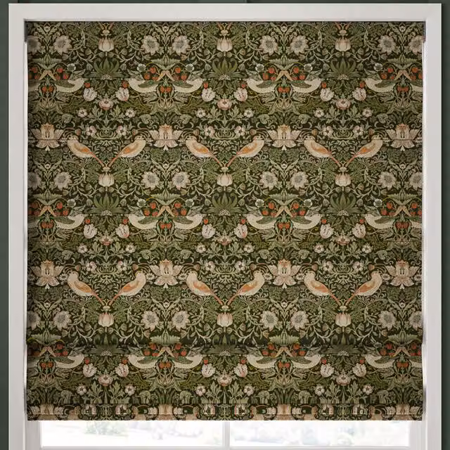 William Morris Strawberry Thief Made to Measure Roman Blind in Nettle Green Floral Blackout Textile