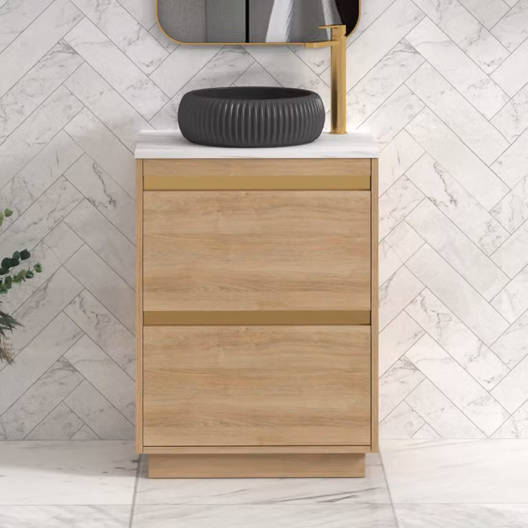 Royal Bathrooms Orion 800mm Natural Oak Floor Standing Countertop Vanity Unit with 2 Drawers, Milan Black Basin and Brushed Brass Accent Trim