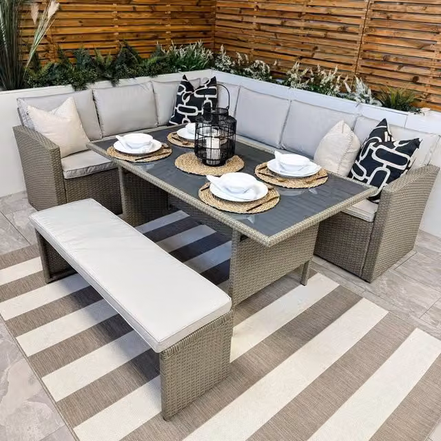 Modish Furnishing Vegas 9 Seater Light Grey Rattan Corner Dining Set with Bench and Scatter Cushions