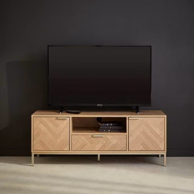 Sweekeec Modern Herringbone TV Unit in Light Brown with 2 Cupboards and 1 Drawer, Width: 120 cm