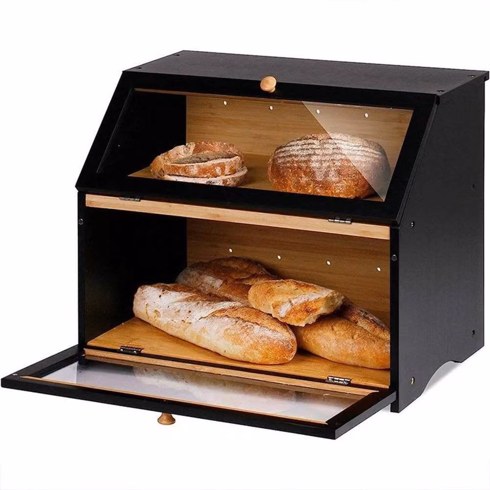 VOGREX 2-Tier Bamboo Bread Bin with Black Cutting Board Lid – 3