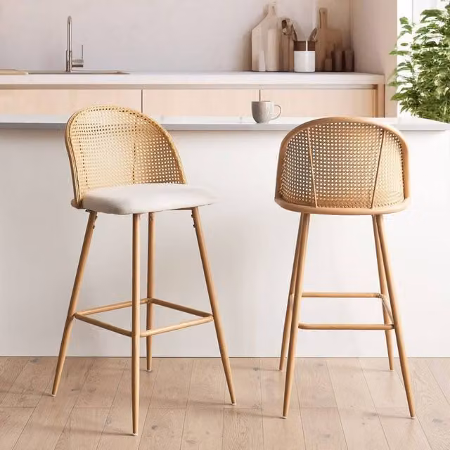 Wyld and Coco Set of 2 Beige Fabric Bar Chairs with Brown Viennese Braid Rattan Backrest