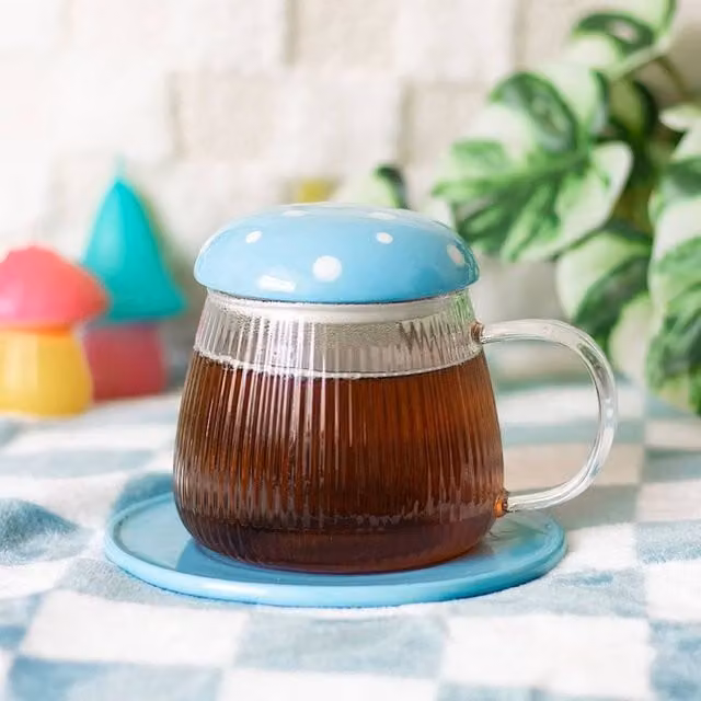 Uniqueful Blue Glass Mushroom Mug and Saucer, 550ml – 1