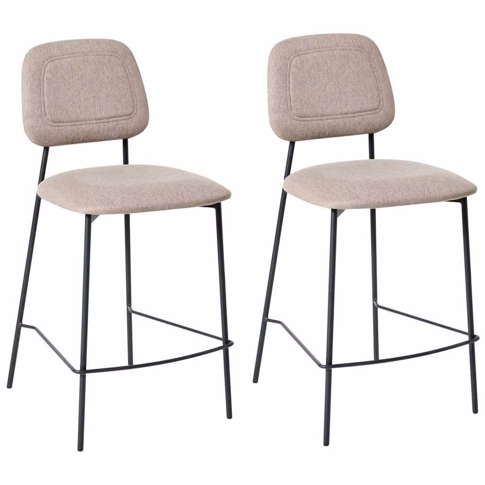 Wyld and Coco Set of 2 Modern Faux Linen Bar Stools in Beige with Black Metal Frame – 2
