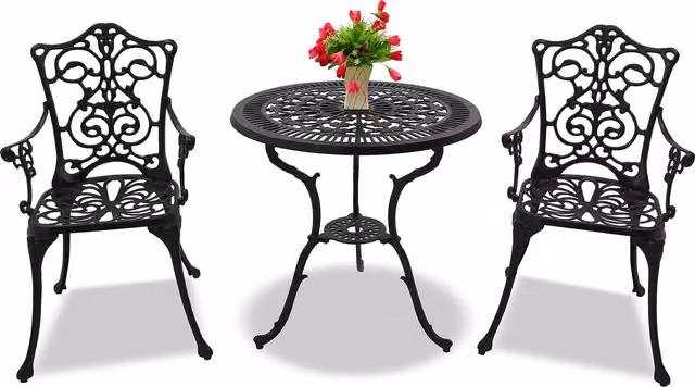TABREEZ Black Matt Metal Bistro Set with Oriental Floral Design
