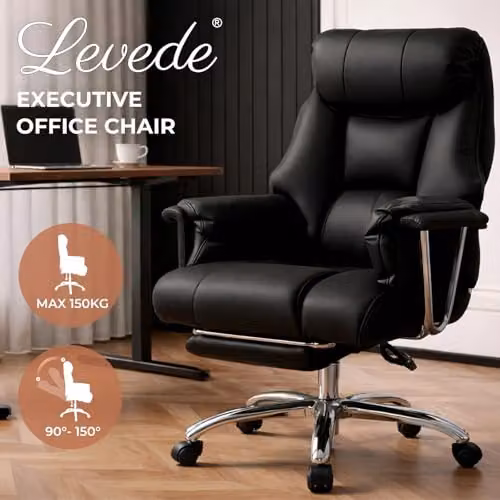 Levede Executive Office Chair in Black with Footrest, Ergonomic PU Leather Recliner and 360 Degree Swivel – 4