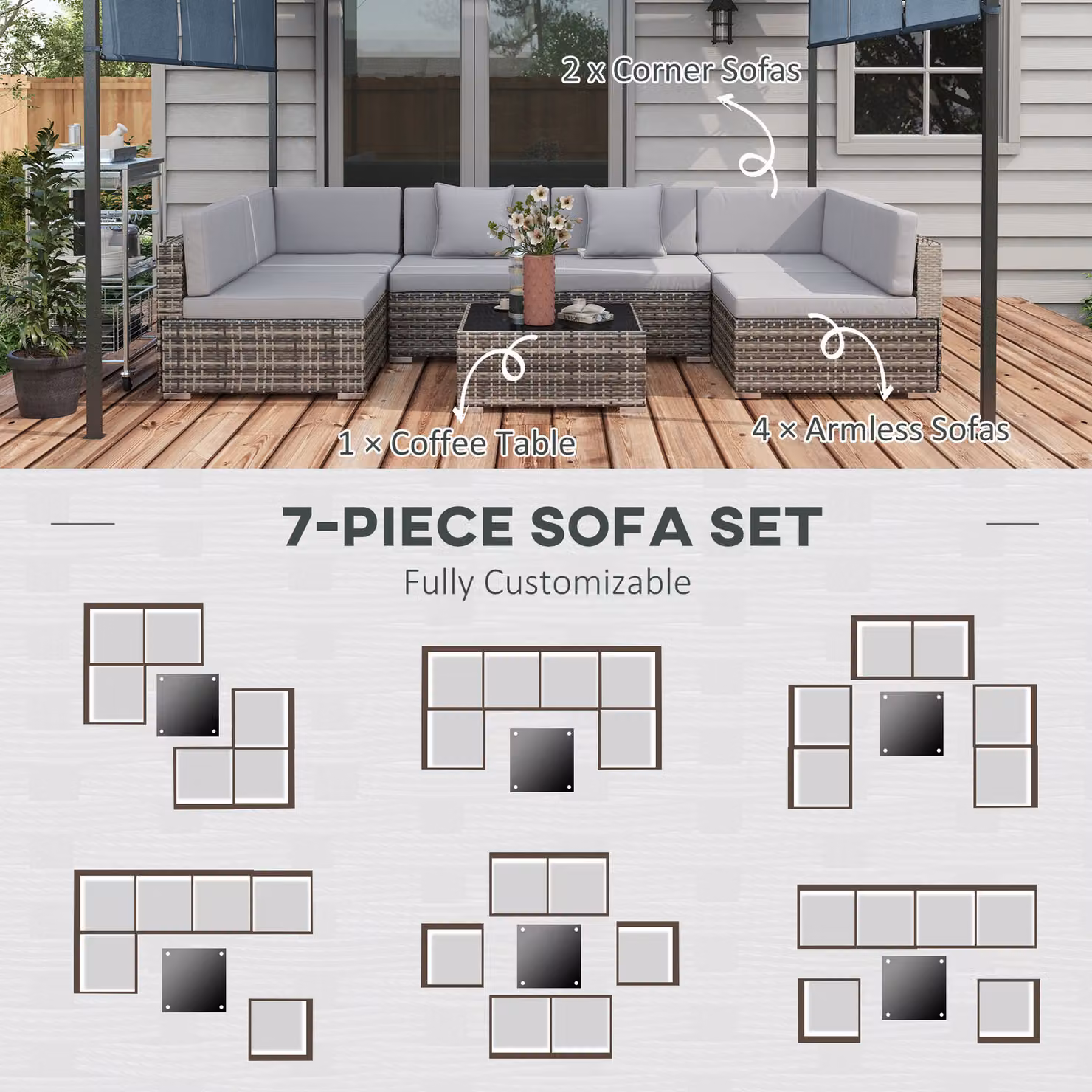 Outsunny 7 Piece PE Rattan Garden Furniture Set in Mixed Grey with L-Shape Corner Sofa, Glass Coffee Table and Padded Cushions – 4