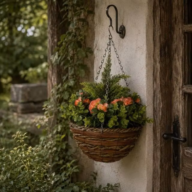 Wyld Haus Conivi Set of 2 Artificial Orange Lisianthus Hanging Flowers in Rattan Pots – 1