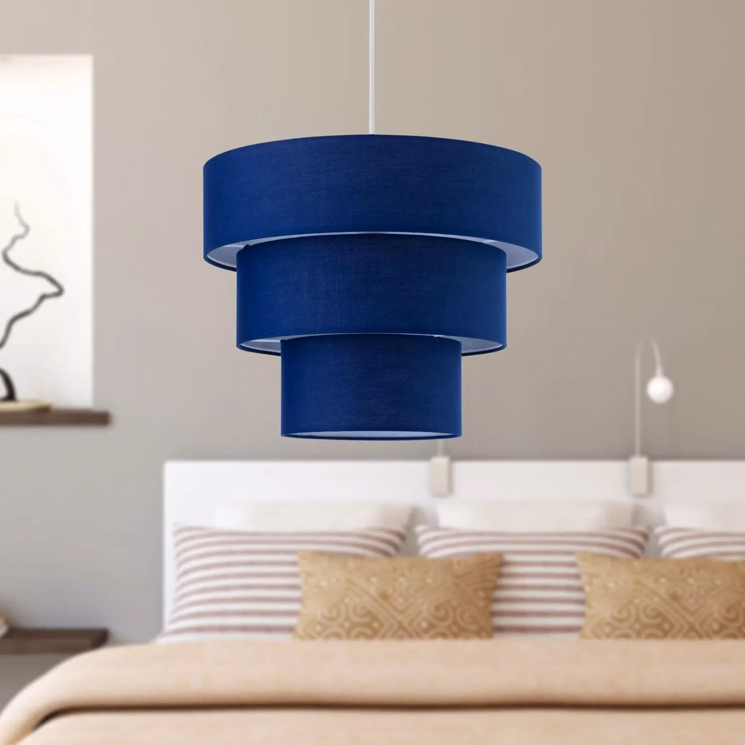 First Choice Lighting Barty Navy Blue Fabric Tiered Cylinder Pendant Shade, Diameter: 38 cm – 4
